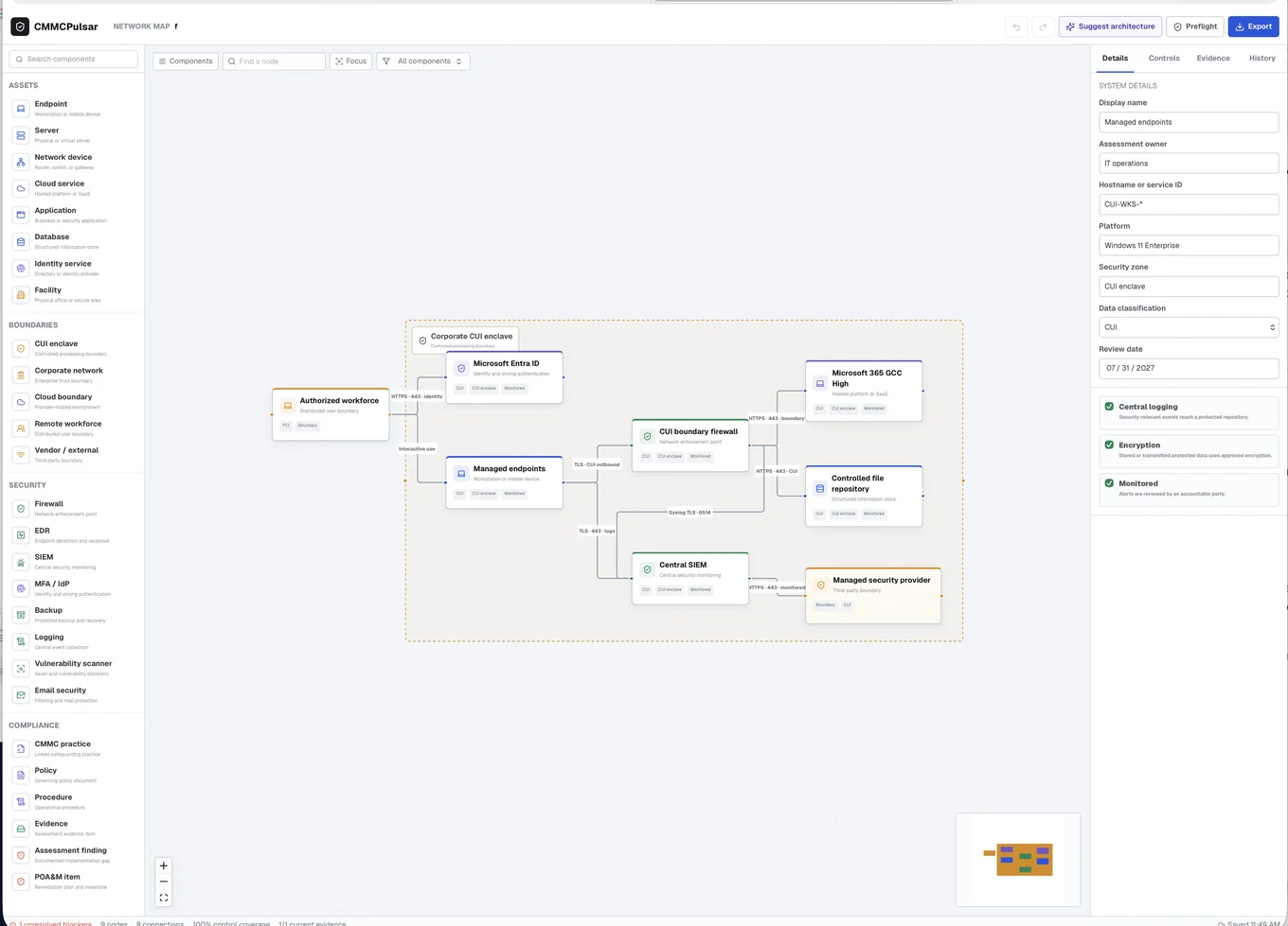 Live map with component palette — CMMC Pulsar product screenshot