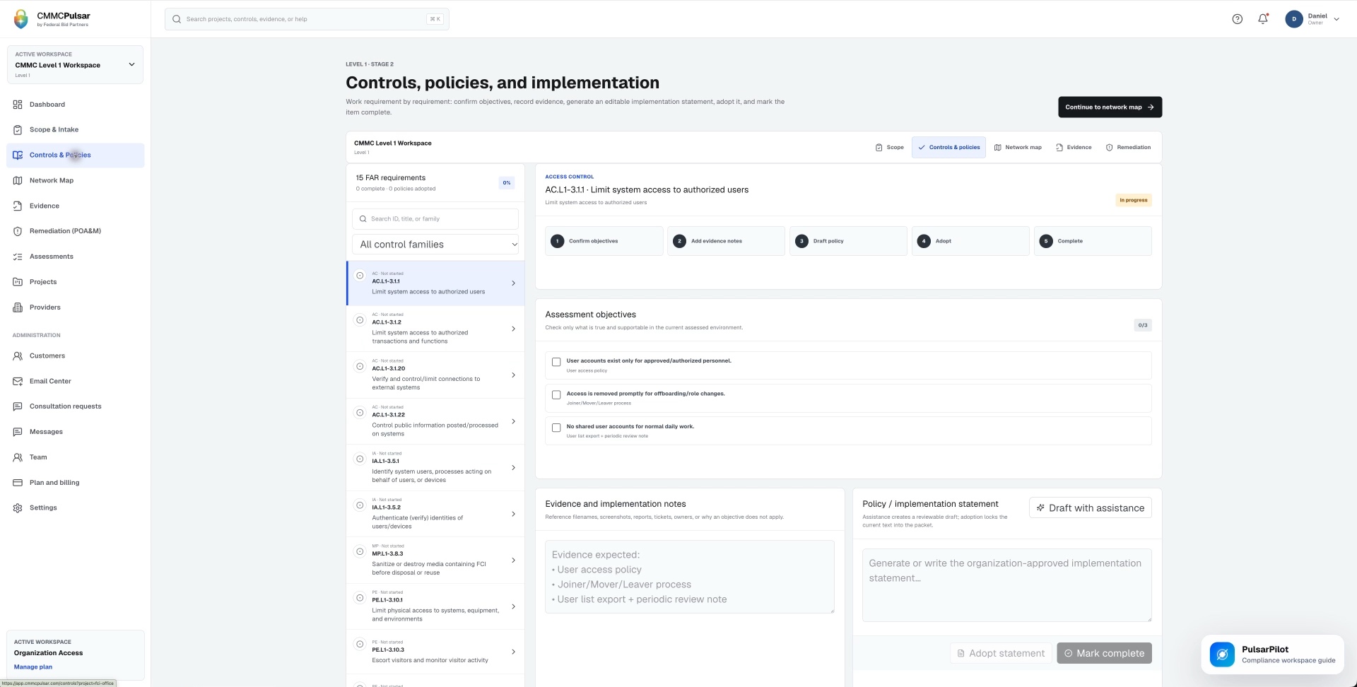 Level 1 control workflow — captured from the supplied CMMC Pulsar walkthrough