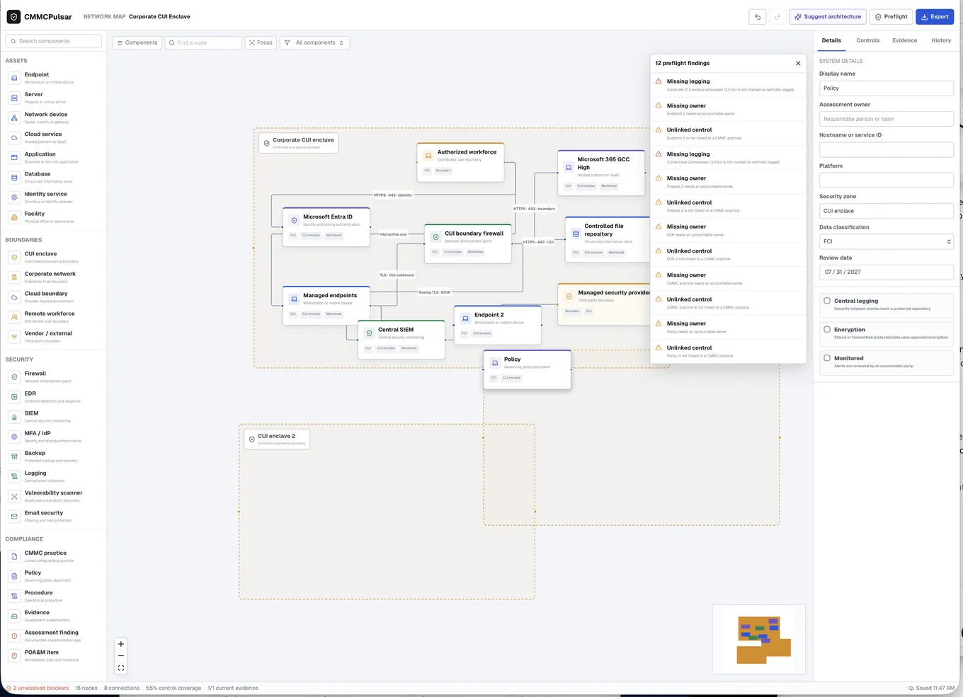 Findings mapped to the diagram — CMMC Pulsar product screenshot