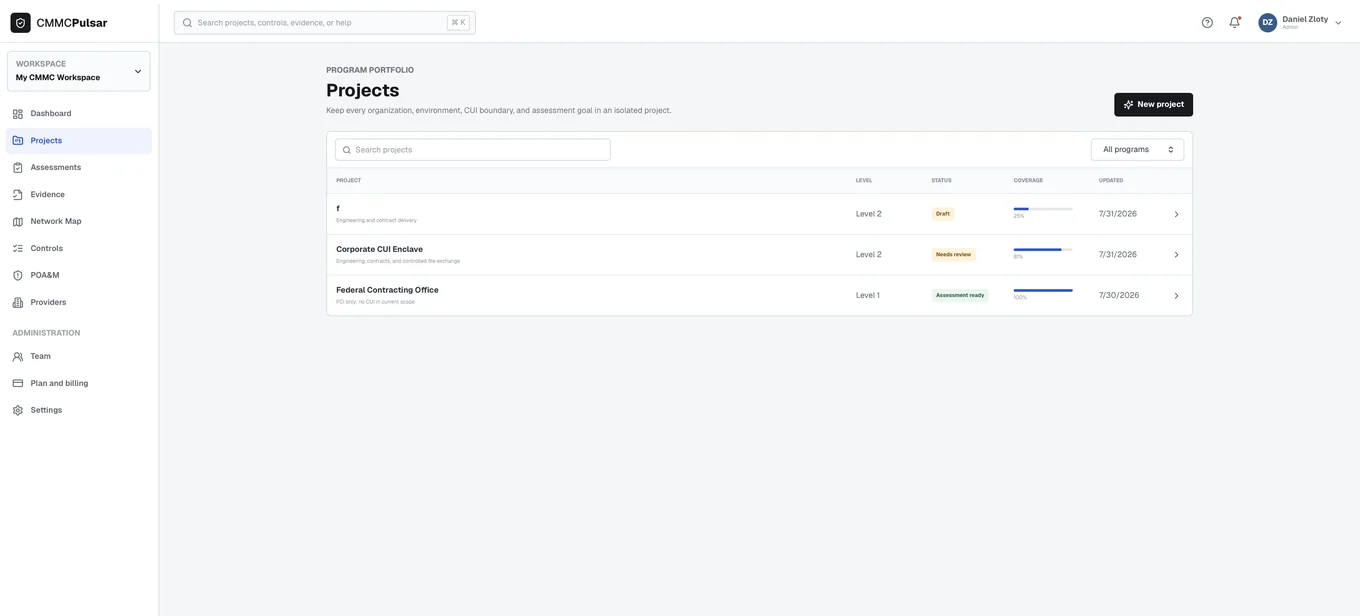 Projects — CMMC Pulsar product screenshot
