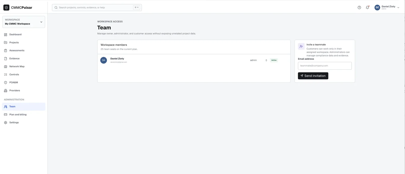 Team & responsibilities — CMMC Pulsar product screenshot