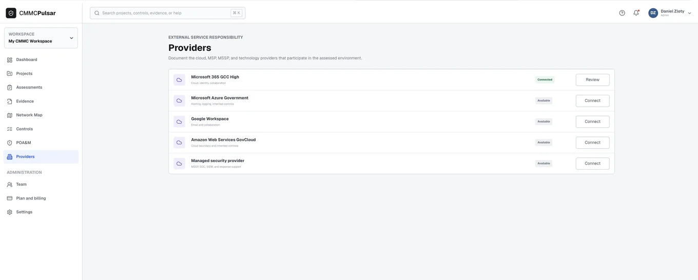 Providers & inherited controls — CMMC Pulsar product screenshot