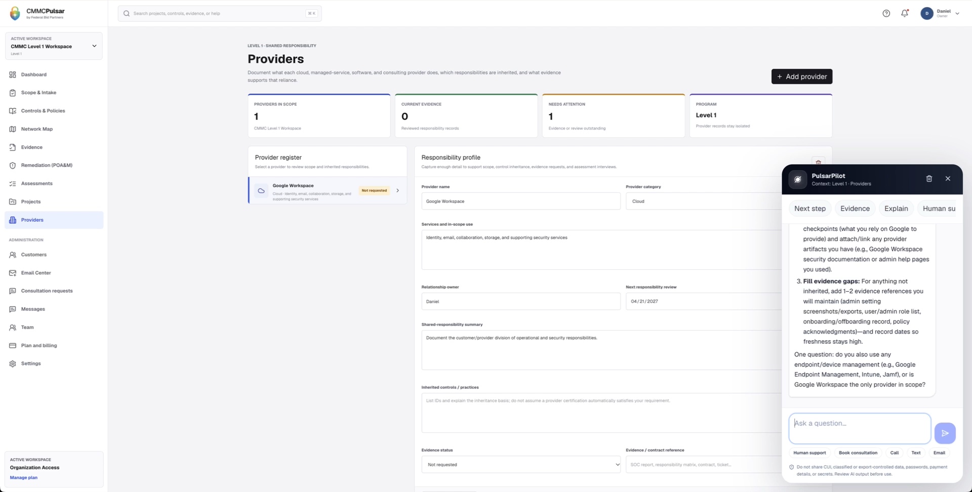 Providers & PulsarPilot — captured from the supplied CMMC Pulsar walkthrough