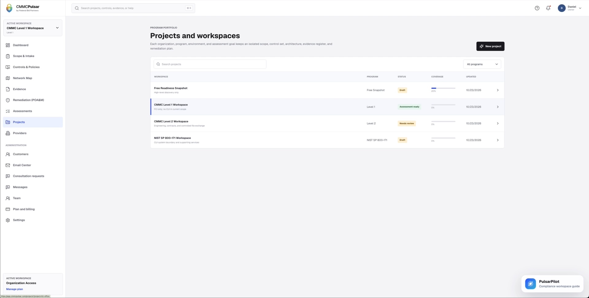Projects across programs — captured from the supplied CMMC Pulsar walkthrough