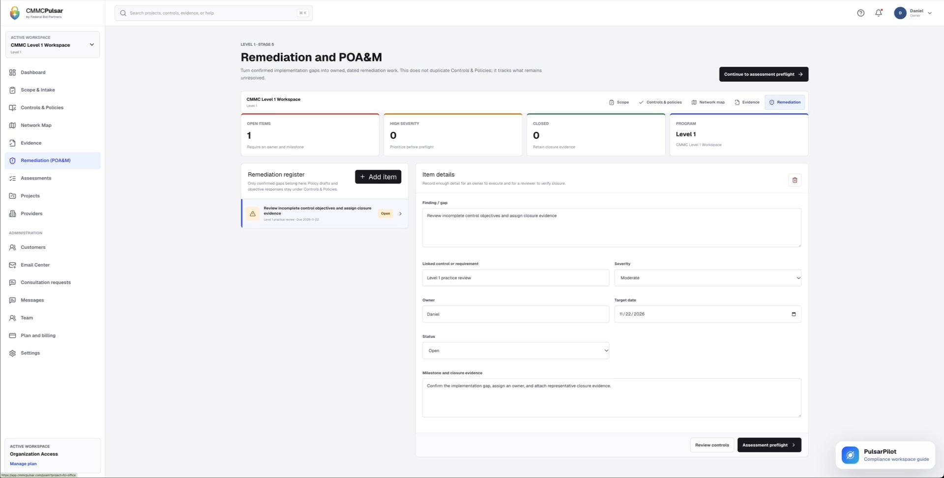 Remediation with ownership — captured from the supplied CMMC Pulsar walkthrough