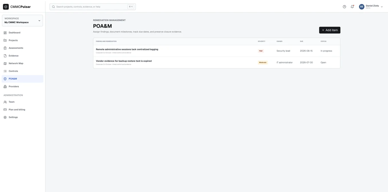 POA&M — plan of action & milestones — CMMC Pulsar product screenshot
