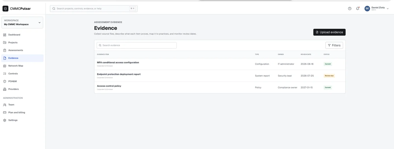 Evidence library — CMMC Pulsar product screenshot